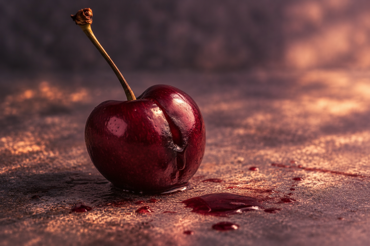 Edit the original image while preserving its composition, dramatic warm stormy atmosphere, single dark red cherry, stem, wet surface, lighting, and intimate cinematic mood. Make the cherry noticeably less graphic: remove the exposed bloody-looking flesh, pooled blood, scattered chunks, and gore. Replace the damaged area with a subtle bruise and a small natural split or bite-like indentation, with only a little dark cherry juice. Keep the image emotionally wounded and vulnerable, but literary rather than horror. Do not add a person, do not emphasize the sky, and do not change the subject or composition.